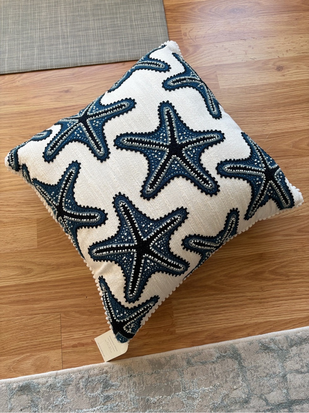 Nautical Starfish Embroidered Accent Pillow in Navy and White